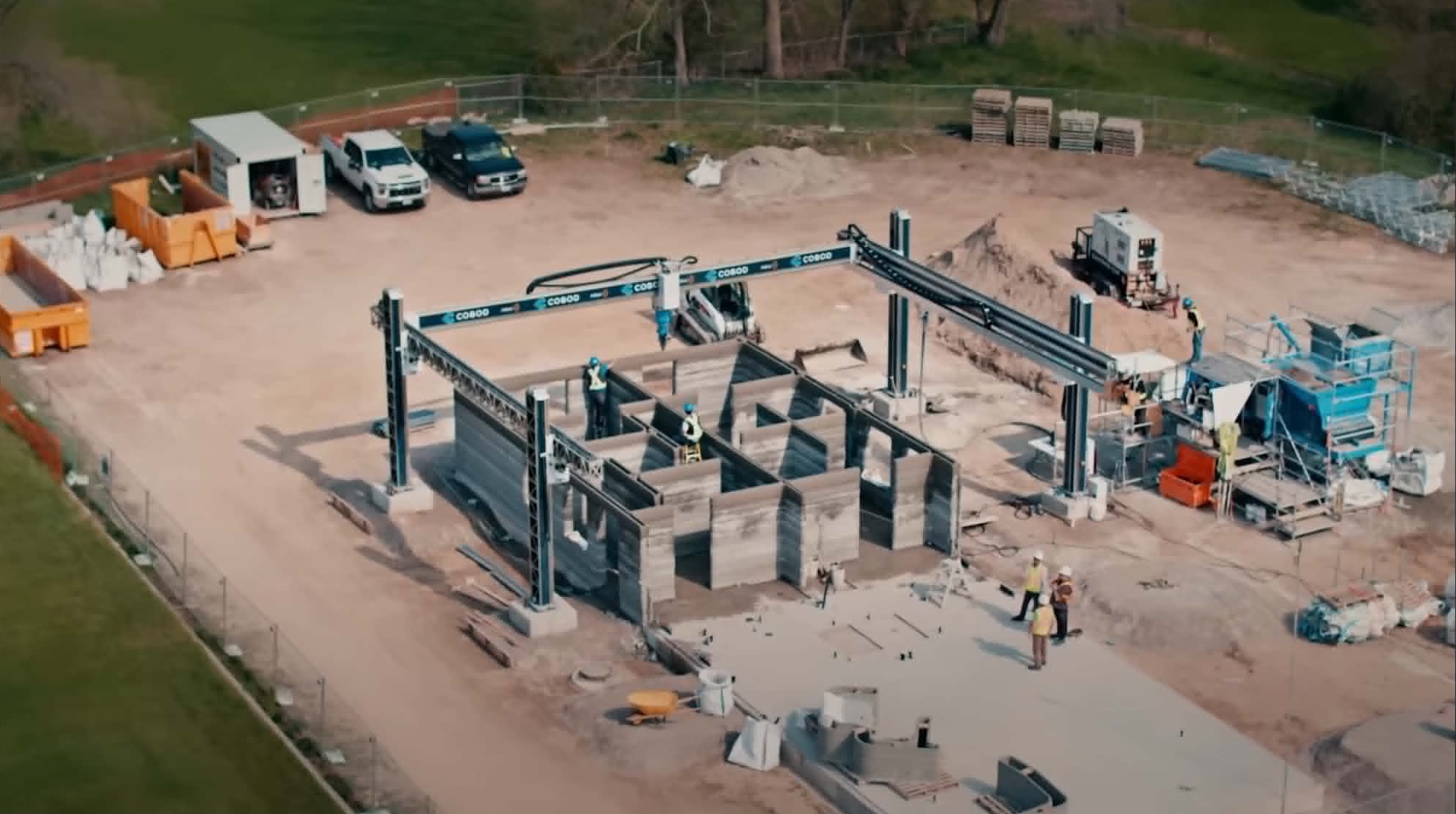 Aerial drone view of a nidus3D 3D-printed concrete home under construction in Ontario